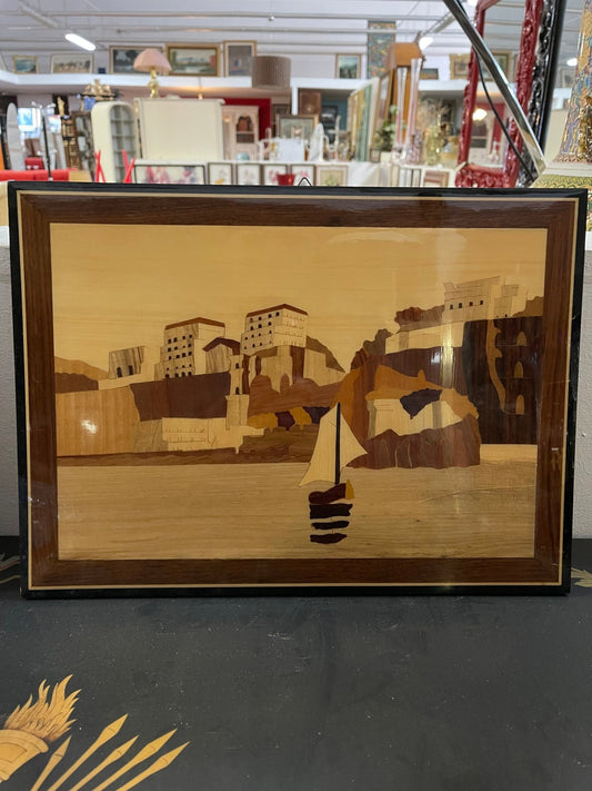 Intarsio ligneo paesaggio marinaro