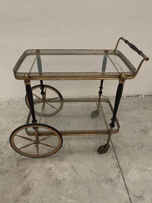 Carrello da tè vintage con manico in legno scuro e struttura in ottone - anni '50