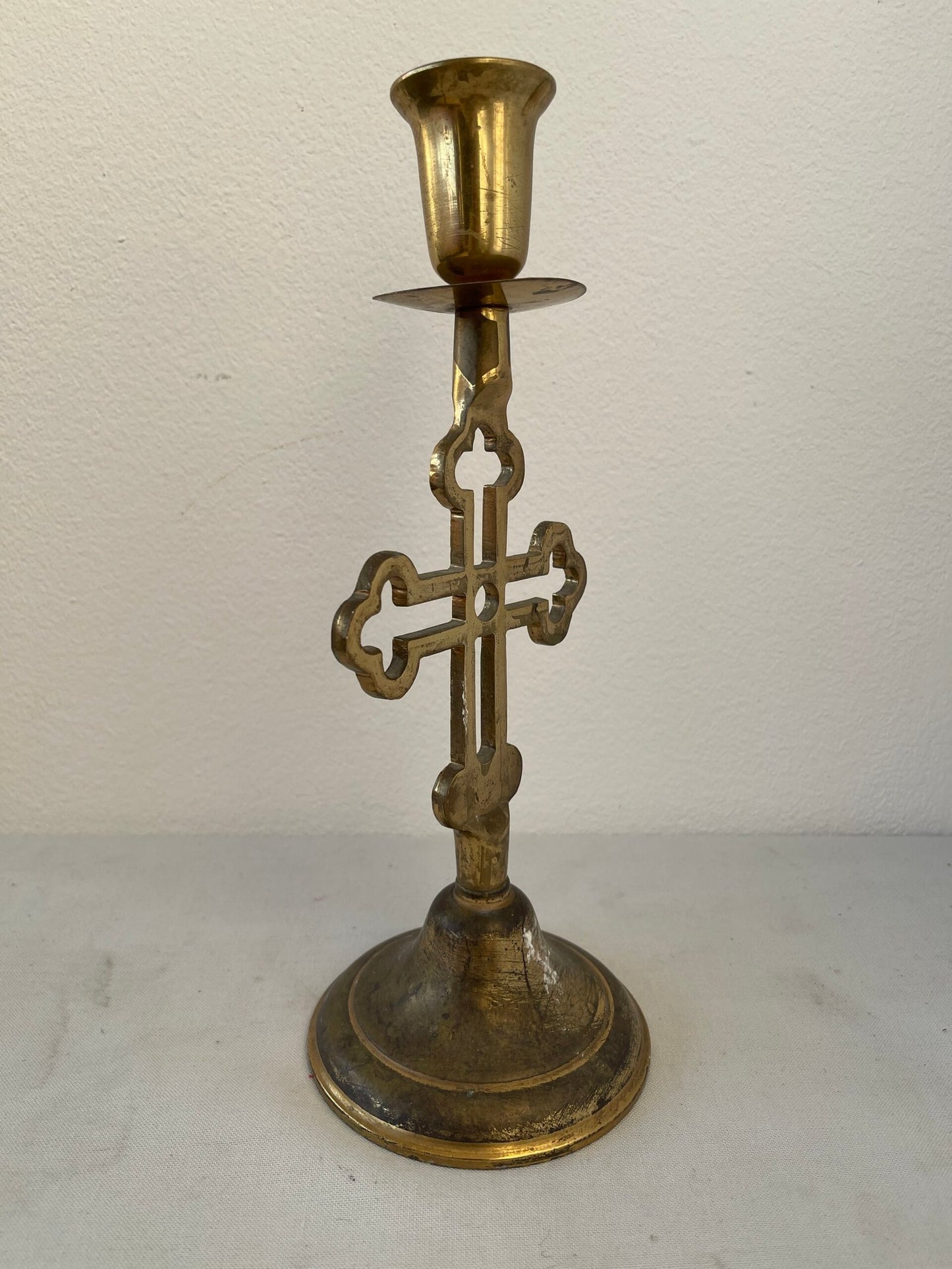 Candeliere in Ottone con Croce - stile Ecclesiastico vintage