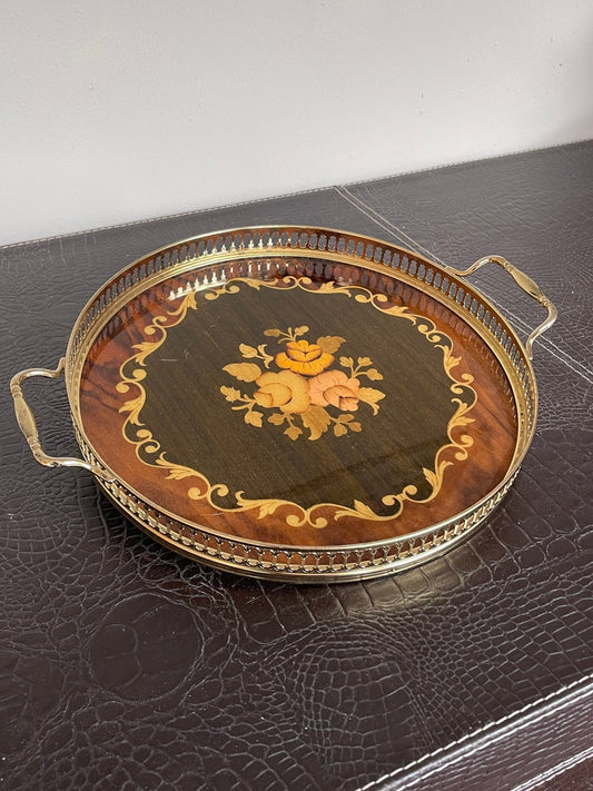 Vassoio Vintage in Legno Intarsiato con Fiori e Cornice in Ottone