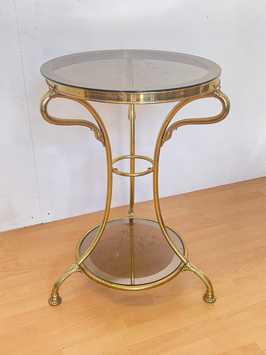 Tavolino con Base in ottone Dorato e Piano in Vetro Decorato, anni '90