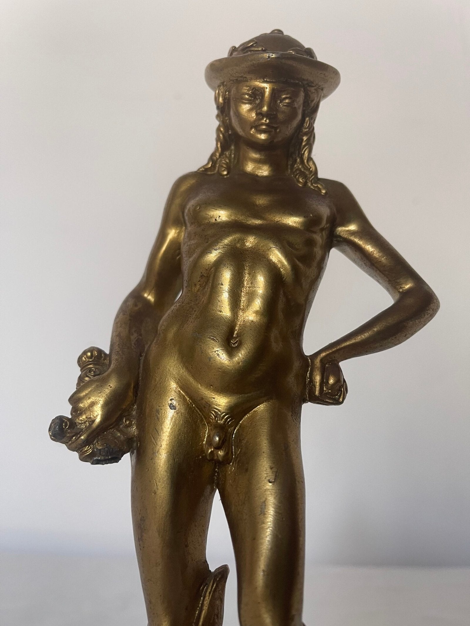 Statua "Mercurio/Ermes" in Bronzo Dorato su Base in Marmo Nero