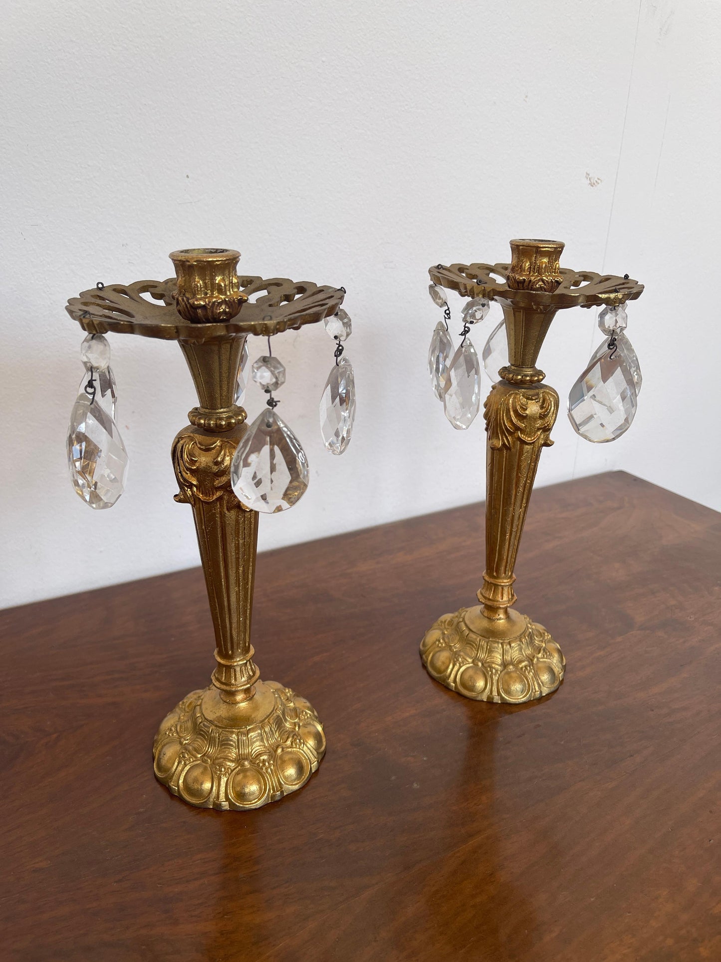 Coppia di candelieri in bronzo e cristalli vintage anni '80