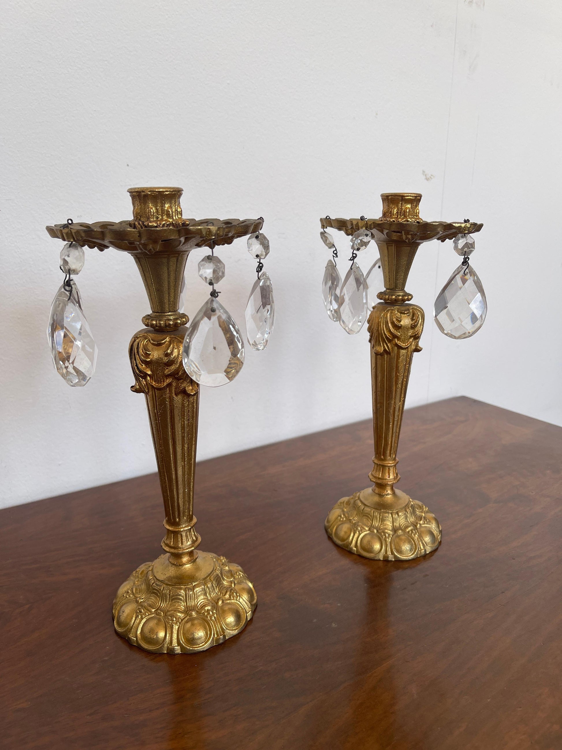 Coppia di candelieri in bronzo e cristalli vintage anni '80