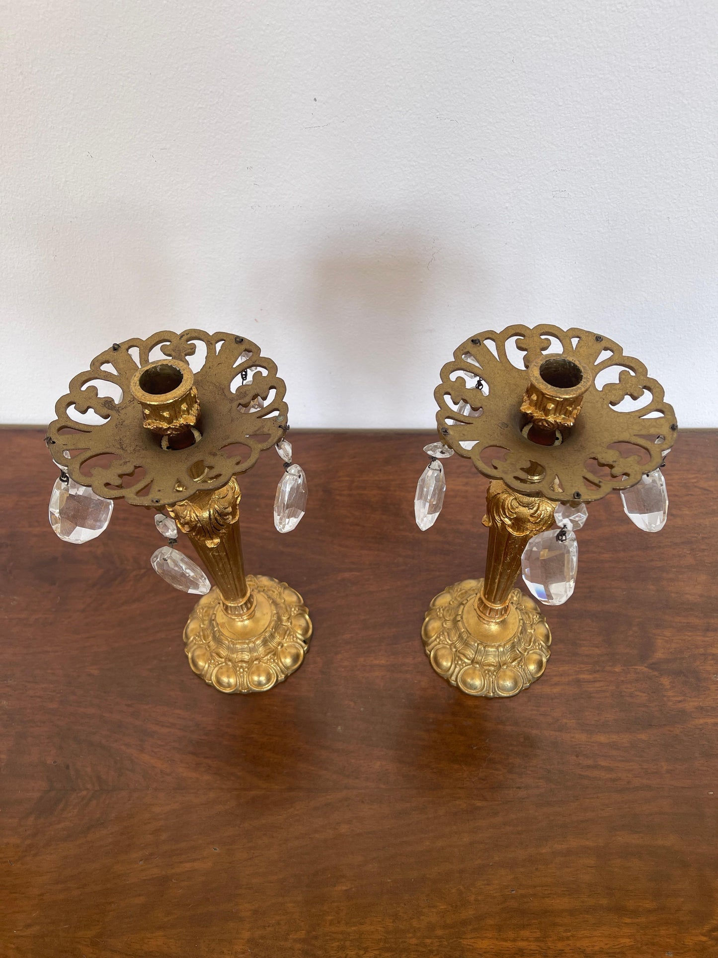 Coppia di candelieri in bronzo e cristalli vintage anni '80