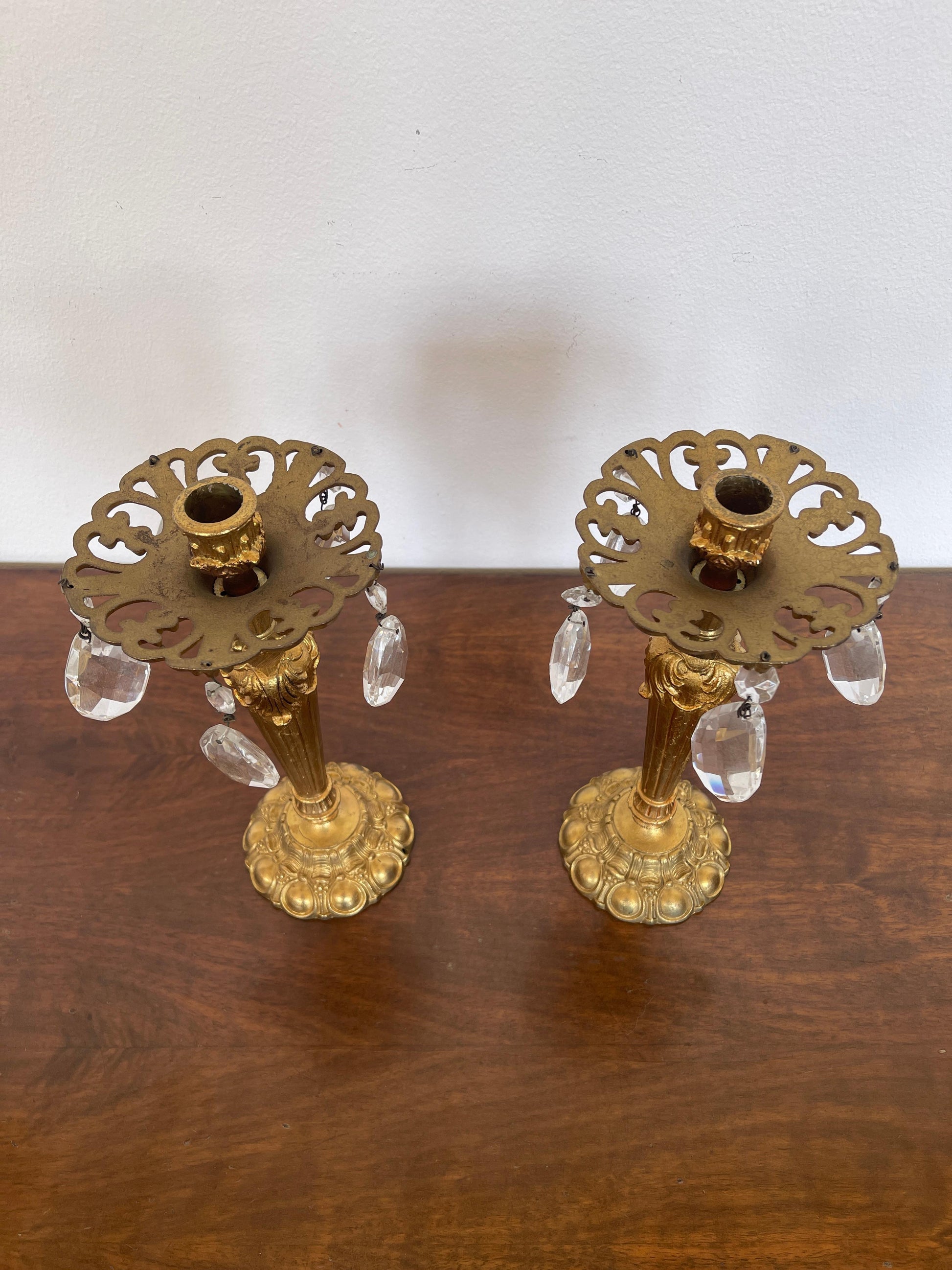 Coppia di candelieri in bronzo e cristalli vintage anni '80