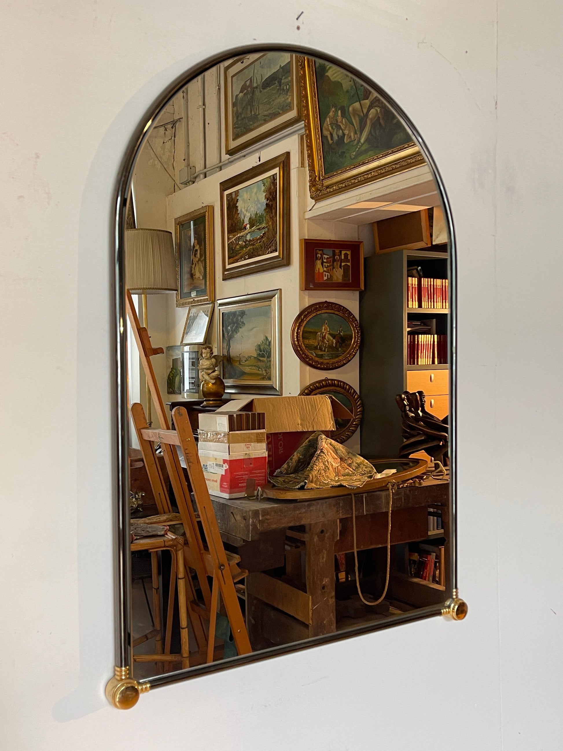 Specchio da parete rotondo bistrot italiano vintage anni '70 in metallo e ottone