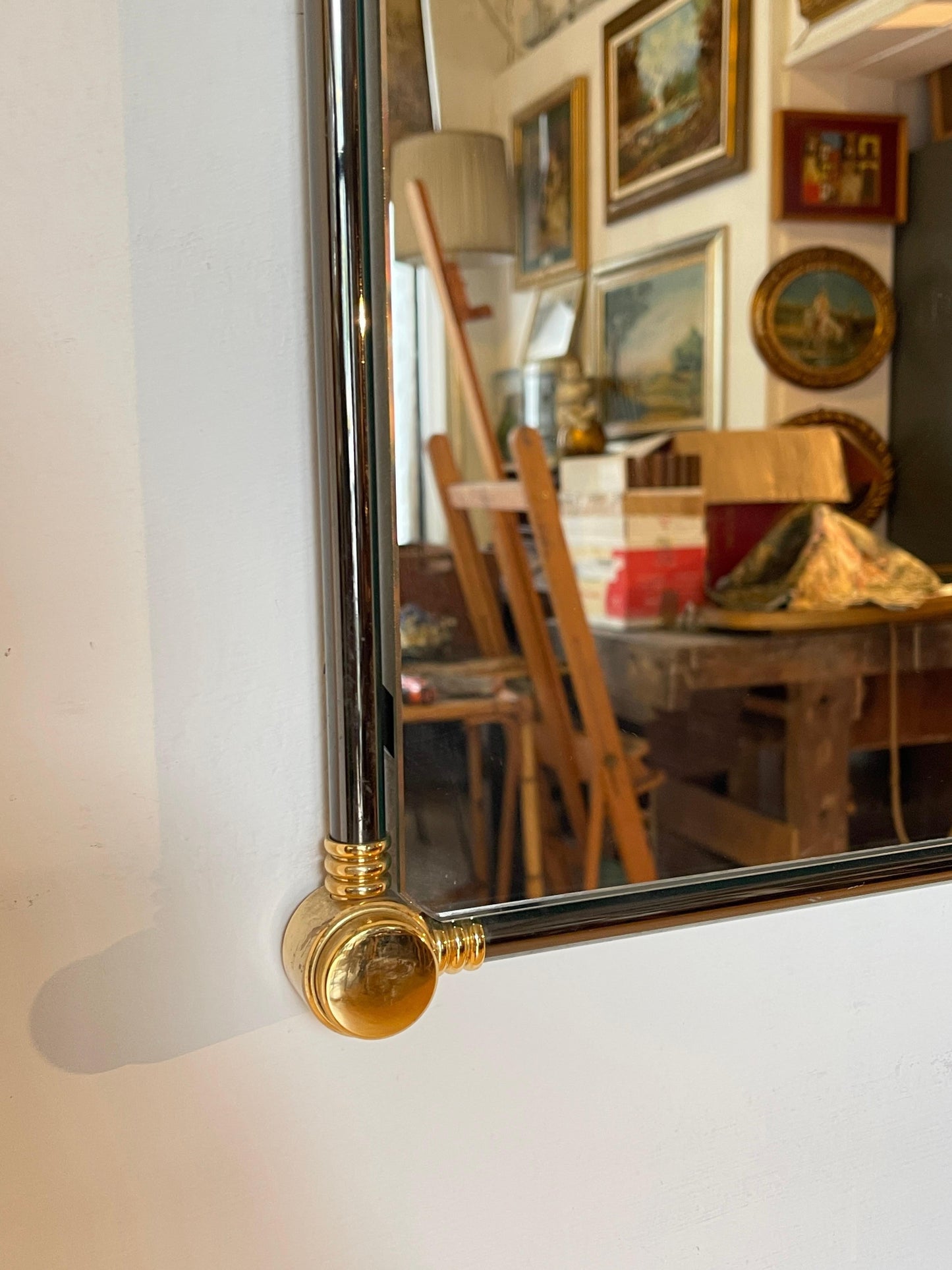 Specchio da parete rotondo bistrot italiano vintage anni '70 in metallo e ottone