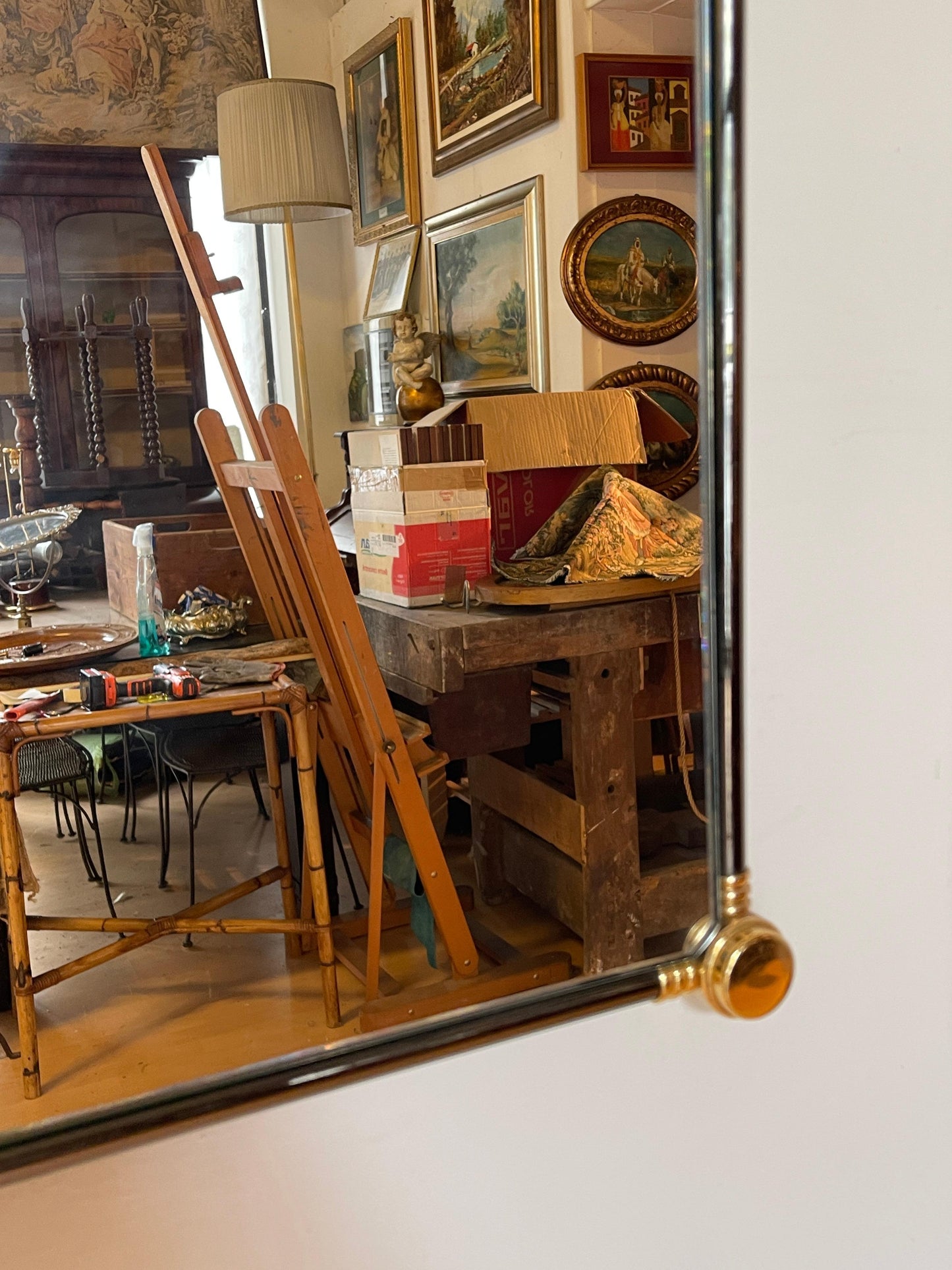 Specchio da parete rotondo bistrot italiano vintage anni '70 in metallo e ottone