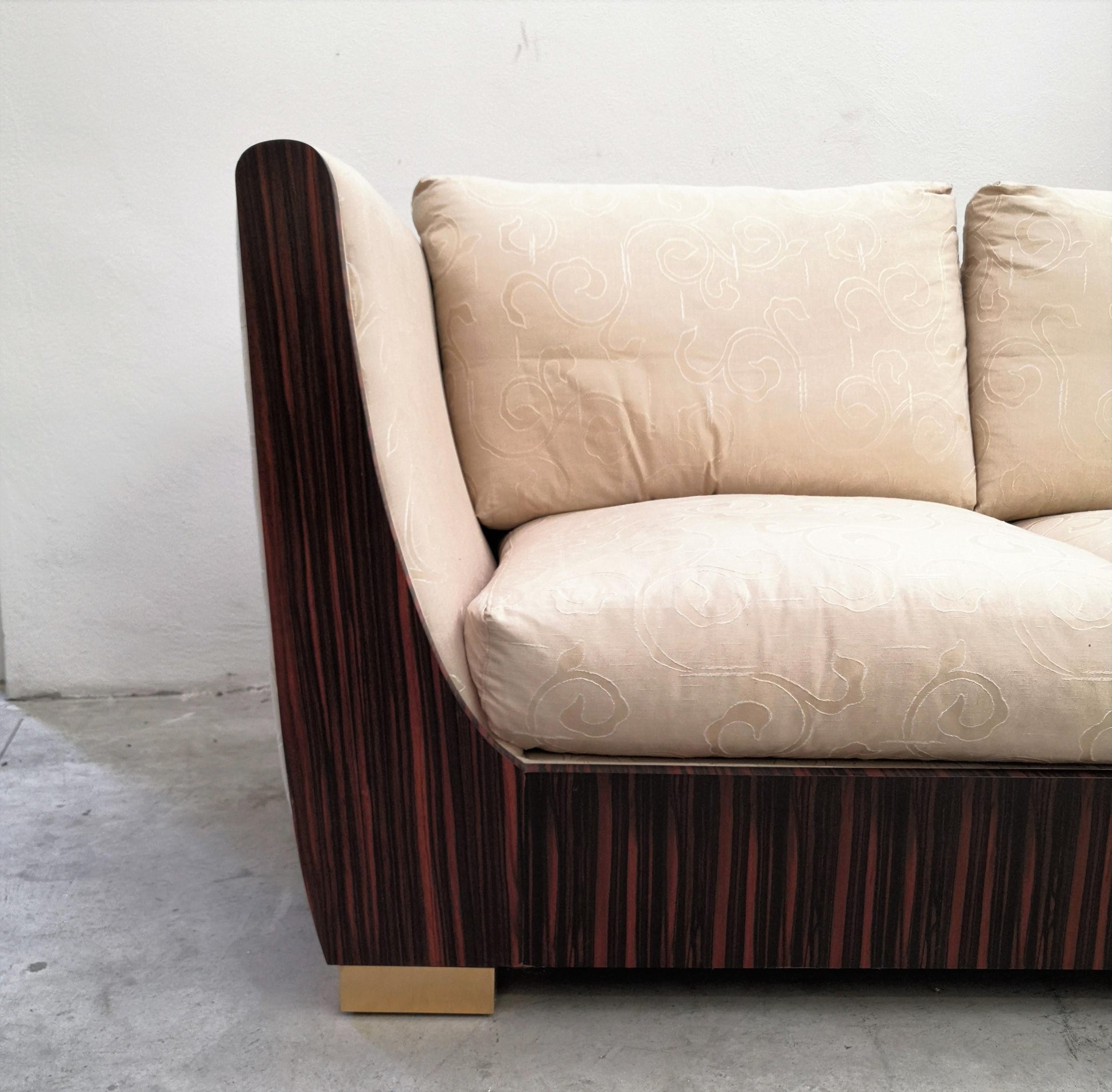 1980s Macassar Ebony and Brass Art Deco 3 Seat Sofa