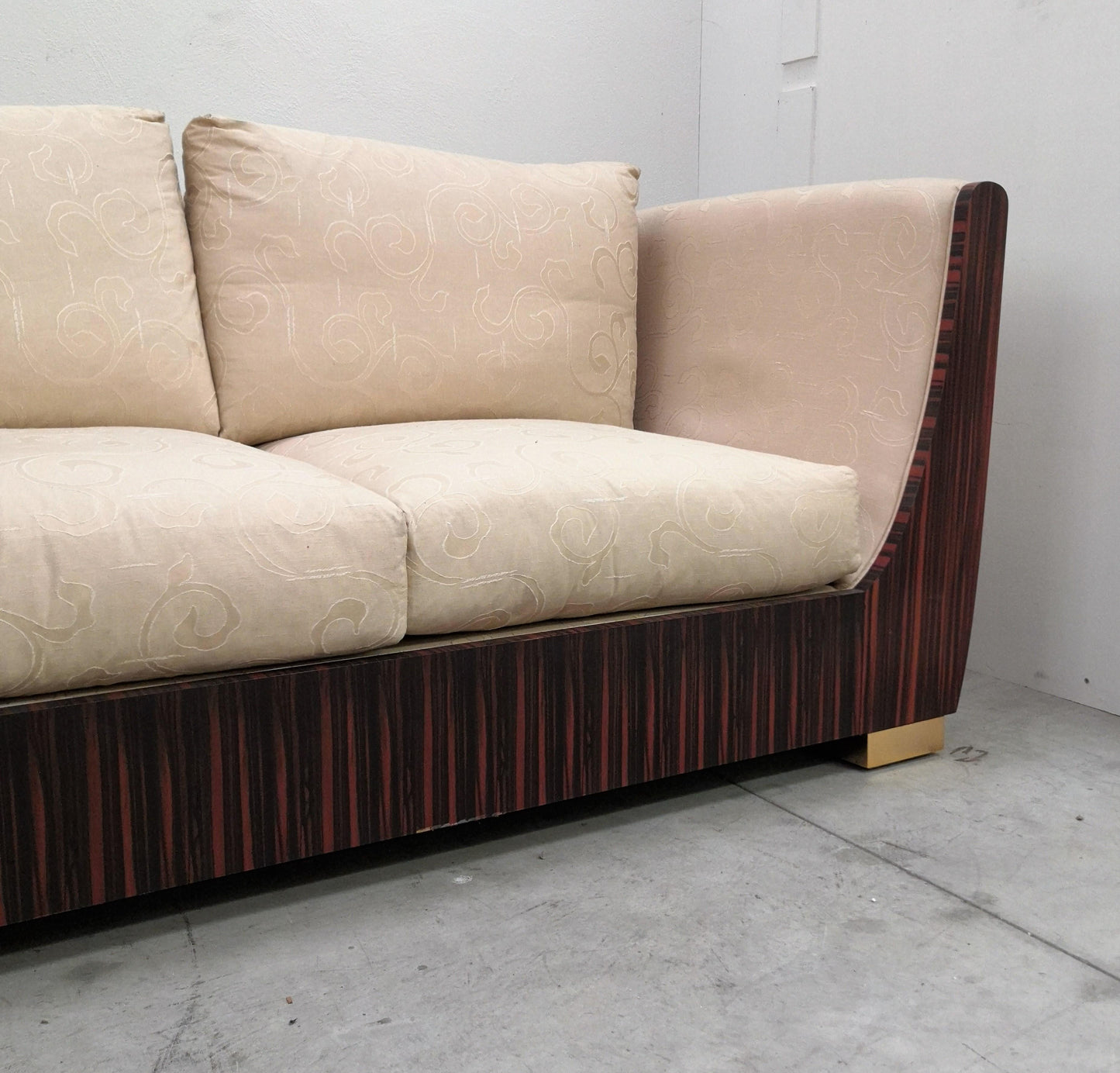 1980s Macassar Ebony and Brass Art Deco 3 Seat Sofa