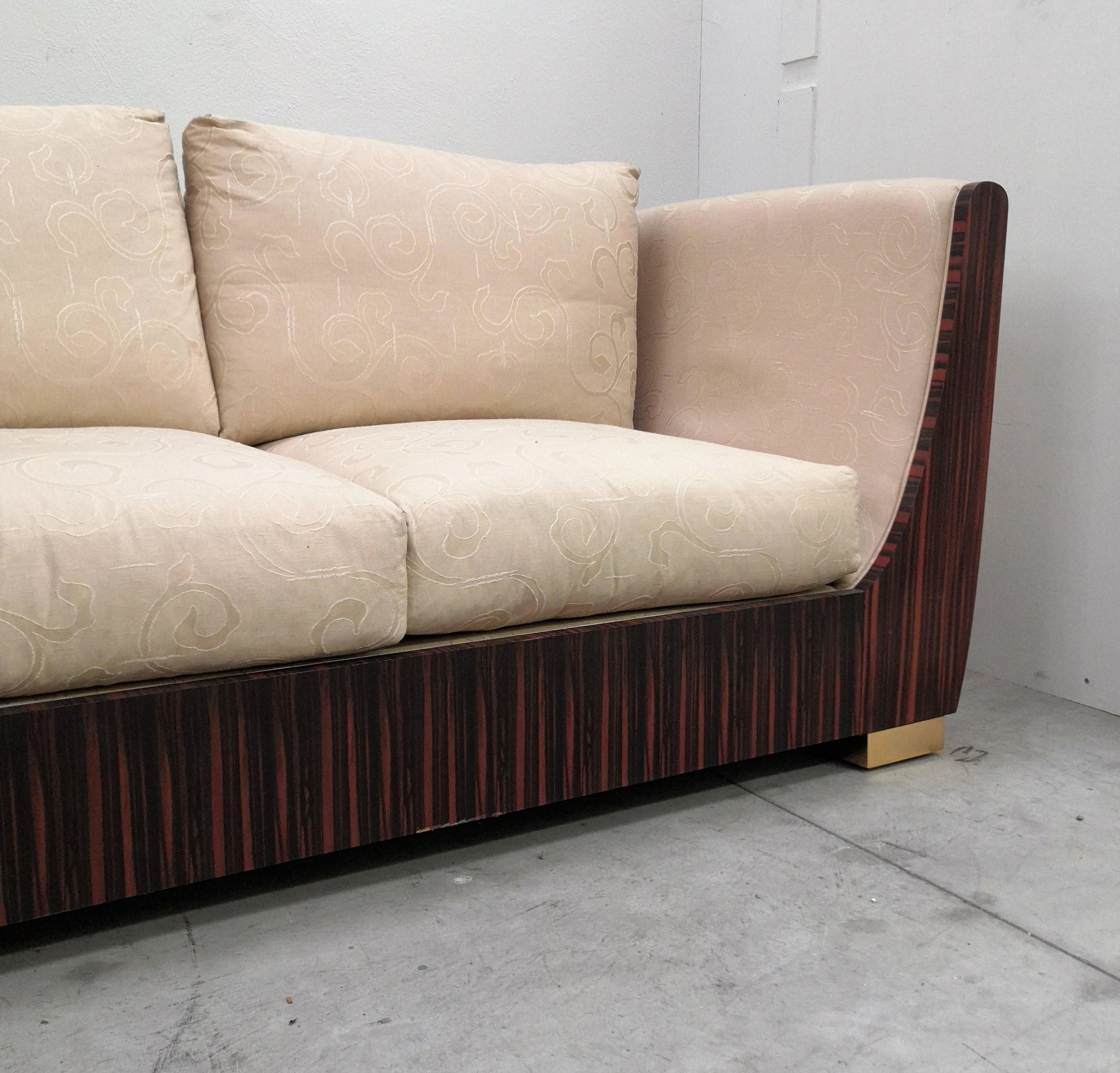 1980s Macassar Ebony and Brass Art Deco 3 Seat Sofa