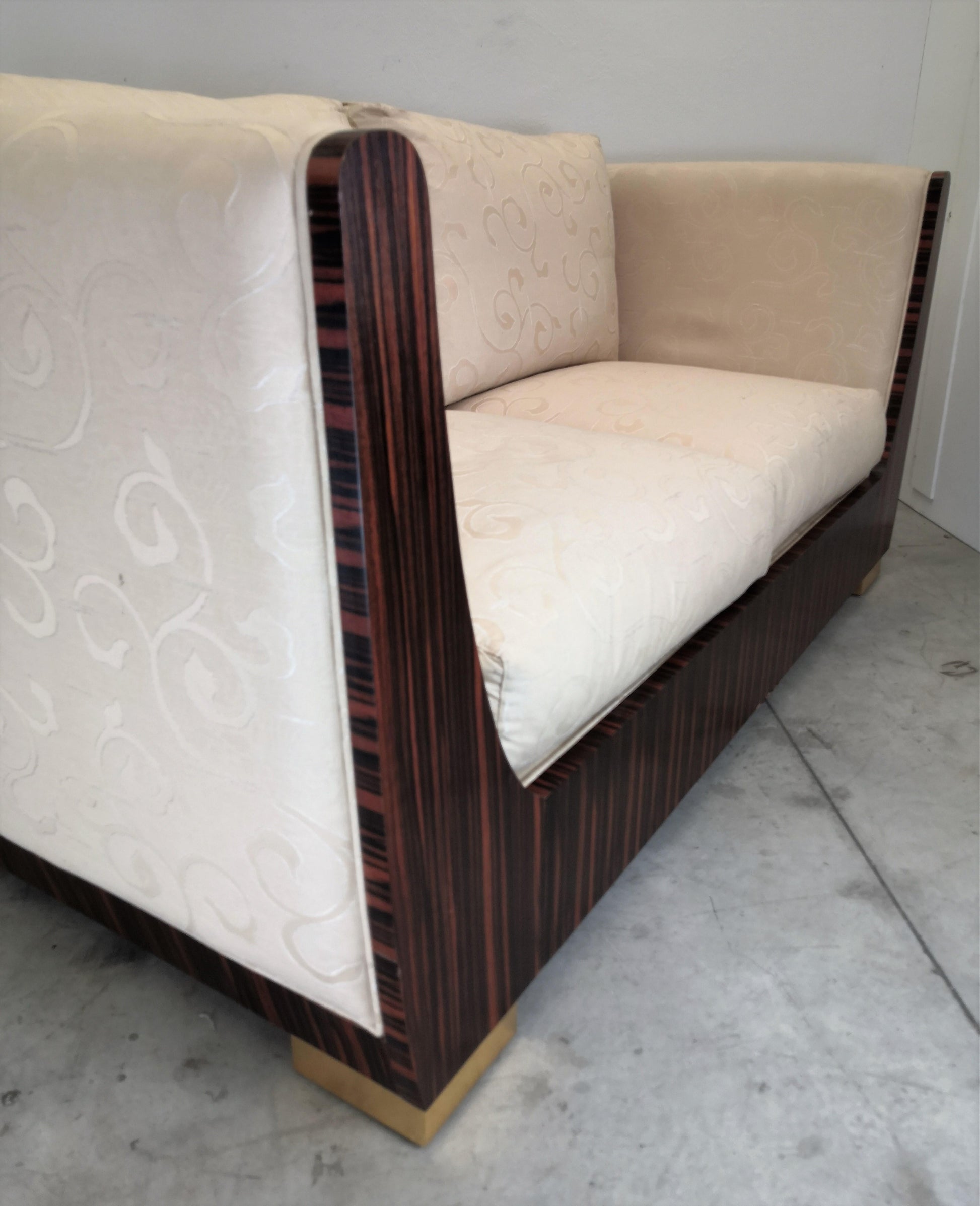 1980s Macassar Ebony and Brass Art Deco 3 Seat Sofa