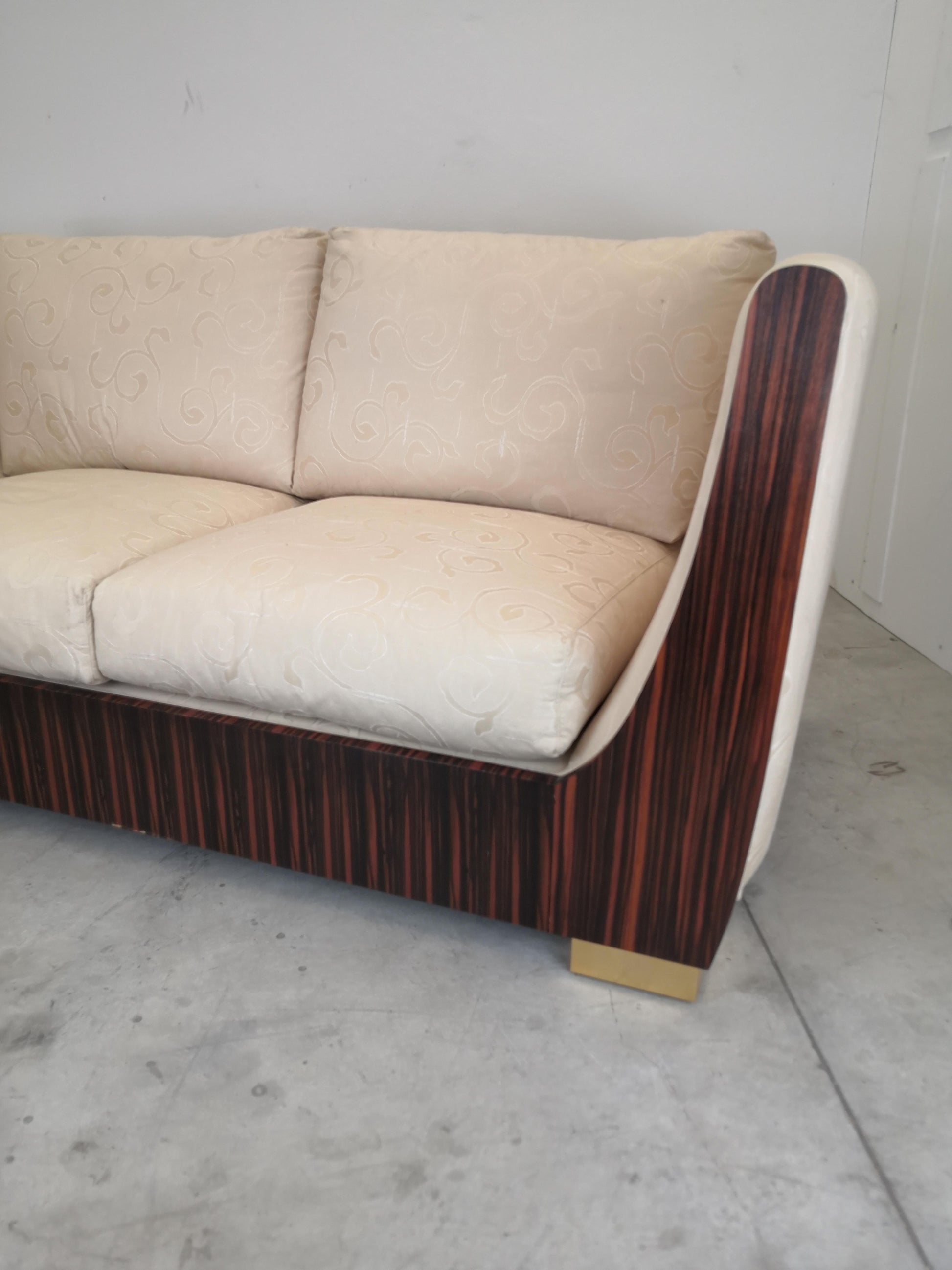 1980s Macassar Ebony and Brass Art Deco 3 Seat Sofa