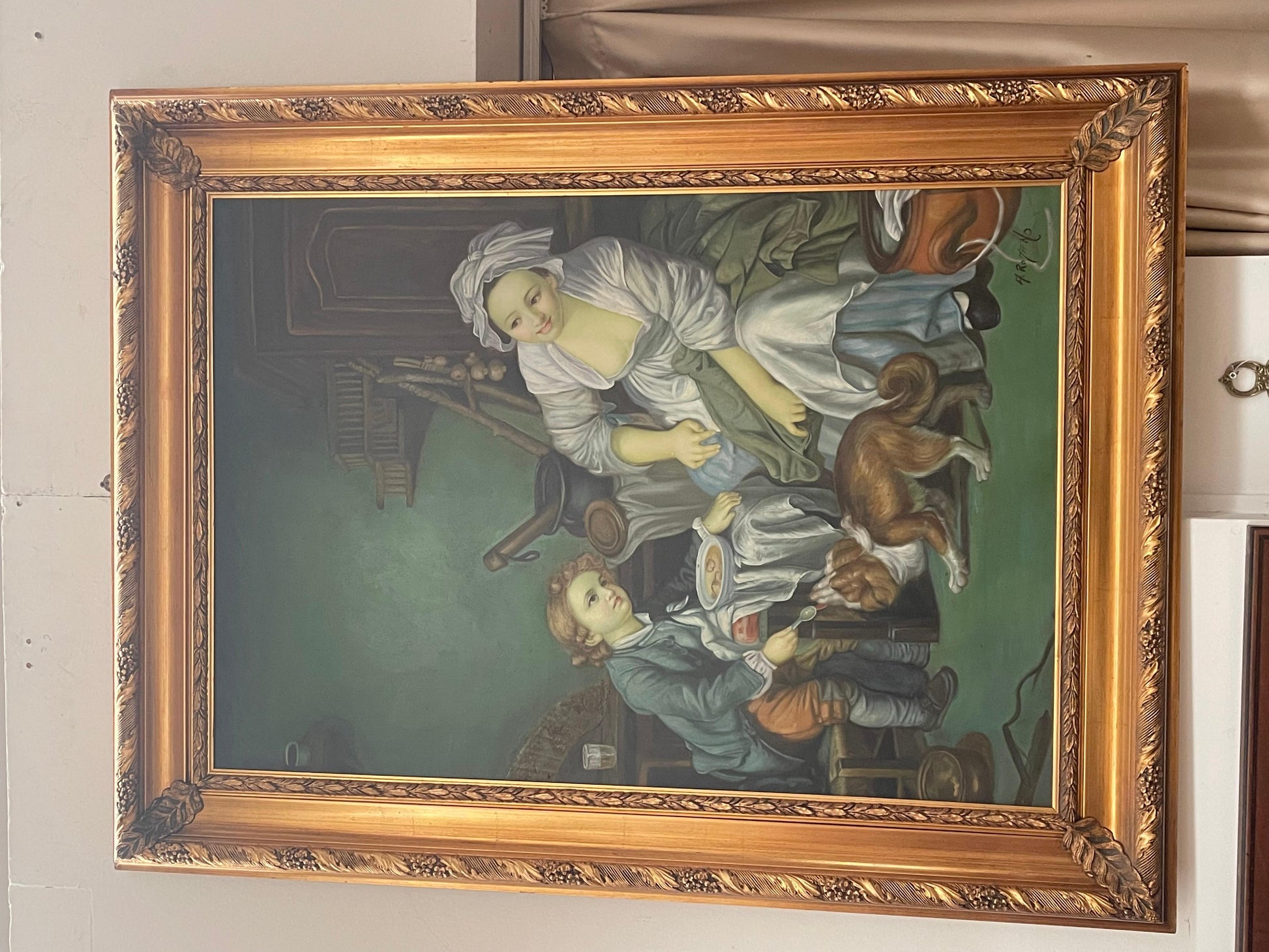 Dipinto a olio italiano in cornice dorata firmato Antonio Romano