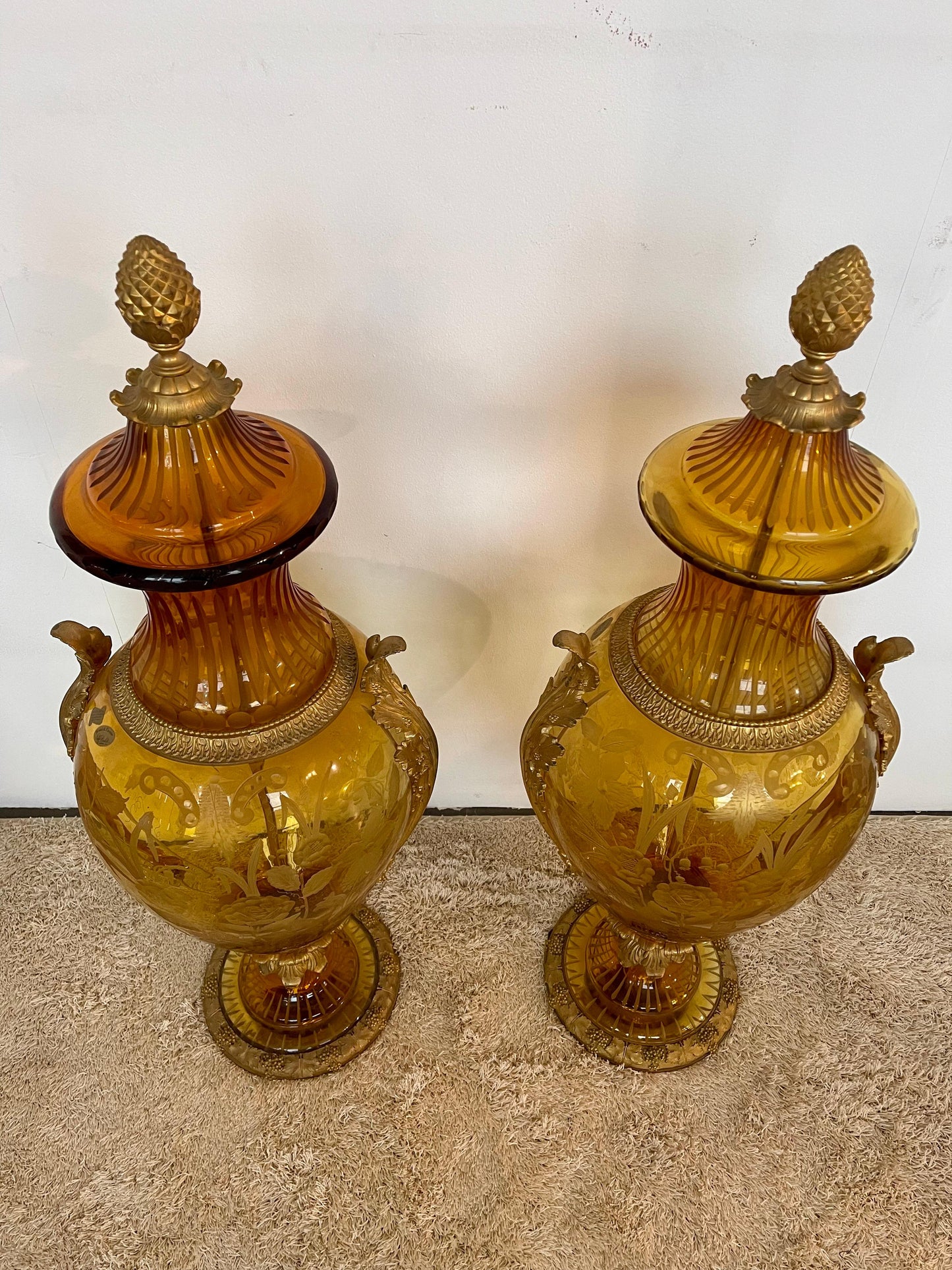 Importante coppia di anfore in bronzo e cristallo di lusso in oro 24klt di DR