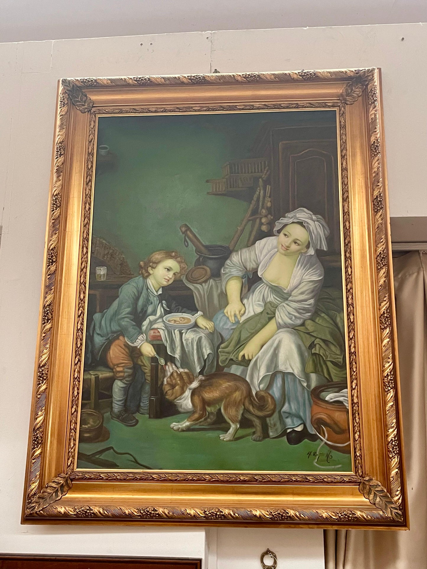 Dipinto a olio italiano in cornice dorata firmato Antonio Romano