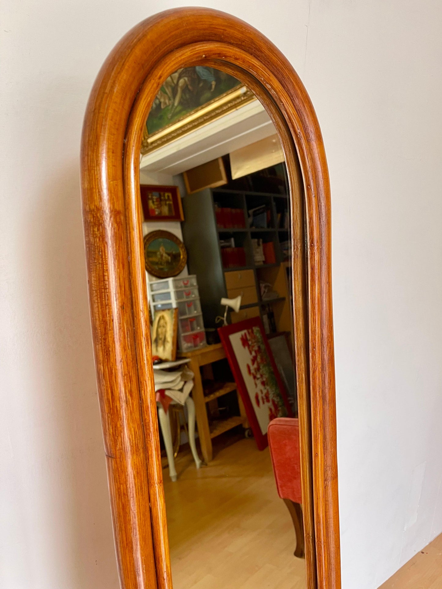 Specchio da terra circolare in Bambu e Rattan anni 70