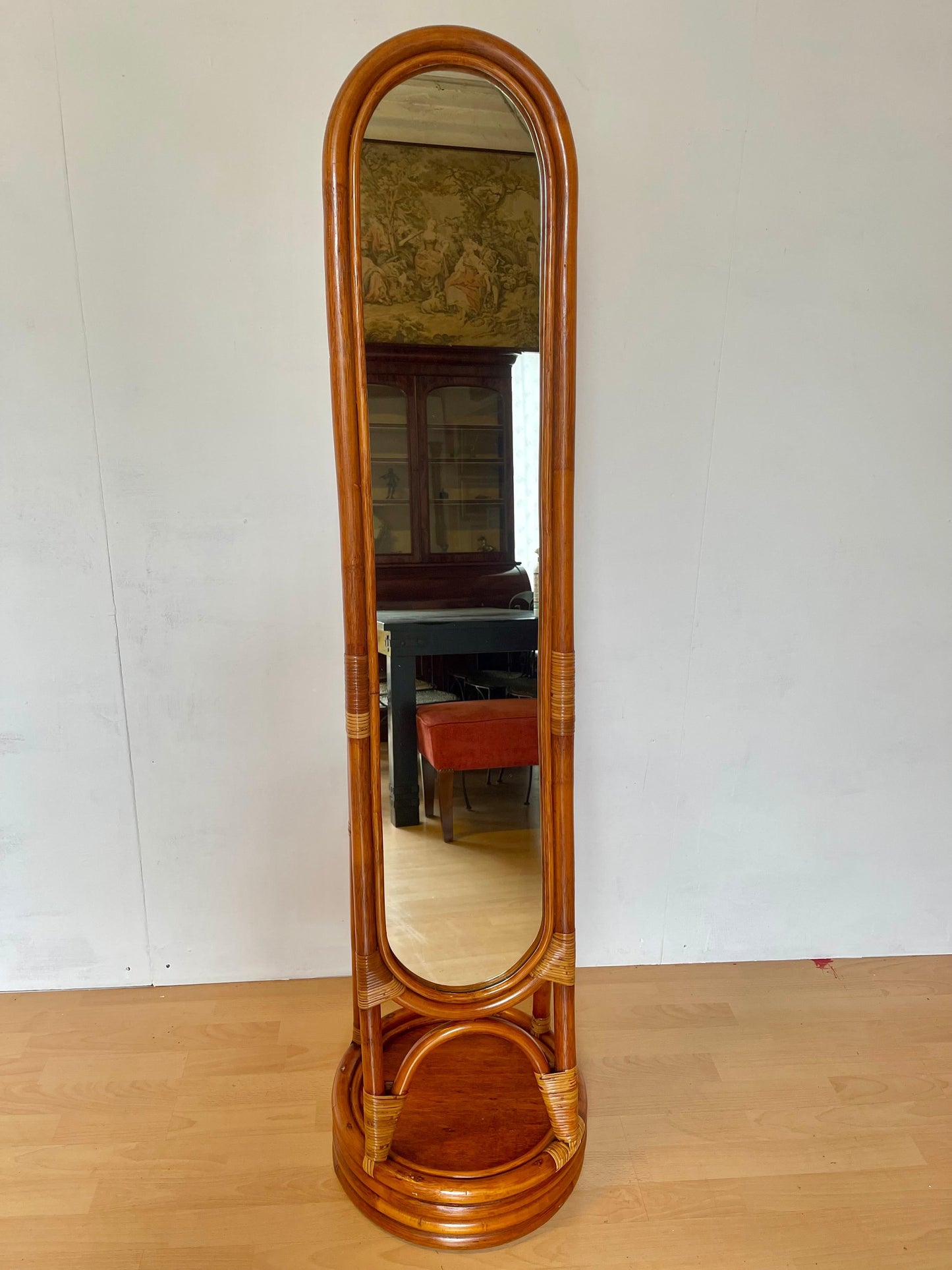 Specchio da terra circolare in Bambu e Rattan anni 70