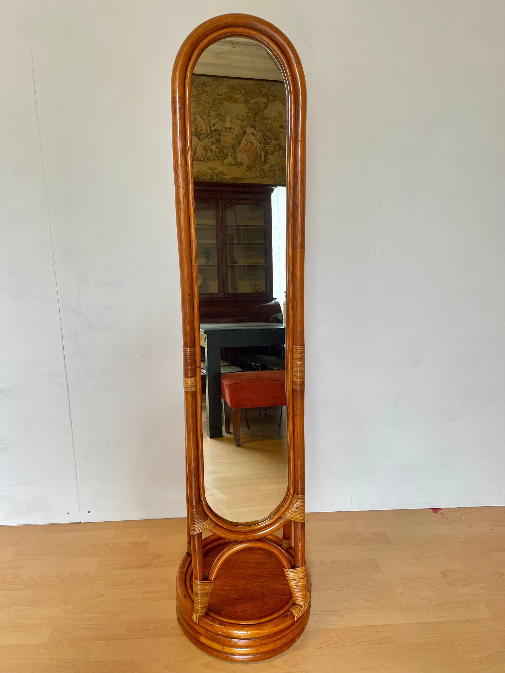Specchio da terra circolare in Bambu e Rattan anni 70