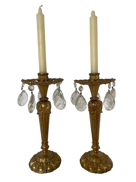 Coppia di Candelieri Antichi in Bronzo/Ottone con Cristalli