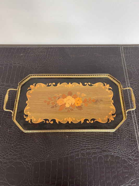 Vassoio Vintage in Legno Intarsiato con Motivo Floreale e Cornice in Ottone