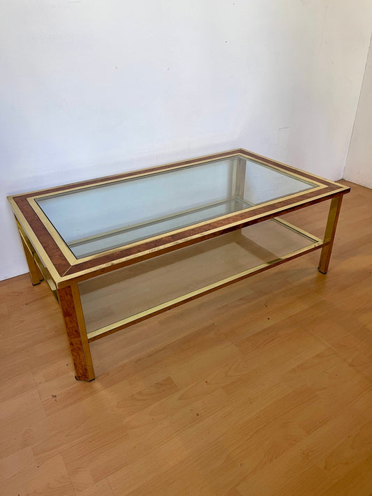 Tavolino da Salotto in Ottone e Radica con Piano in Vetro – Anni '70/'80