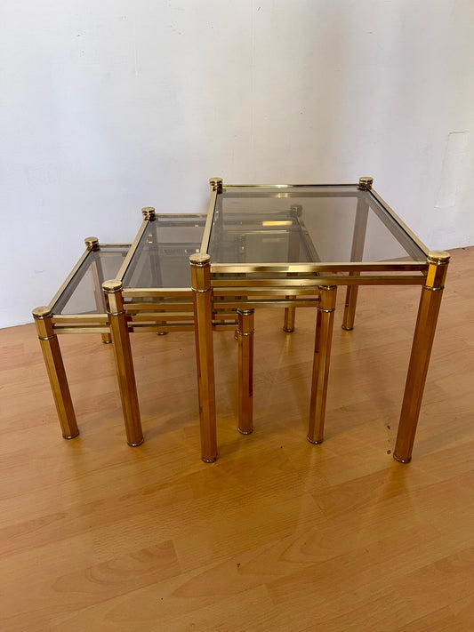 Set di Tavolini Impilabili Vintage in Ottone e Vetro