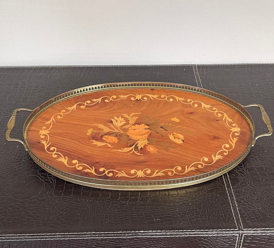 Vassoio Vintage in Legno Intarsiato con Motivo Floreale e Cornice in Ottone