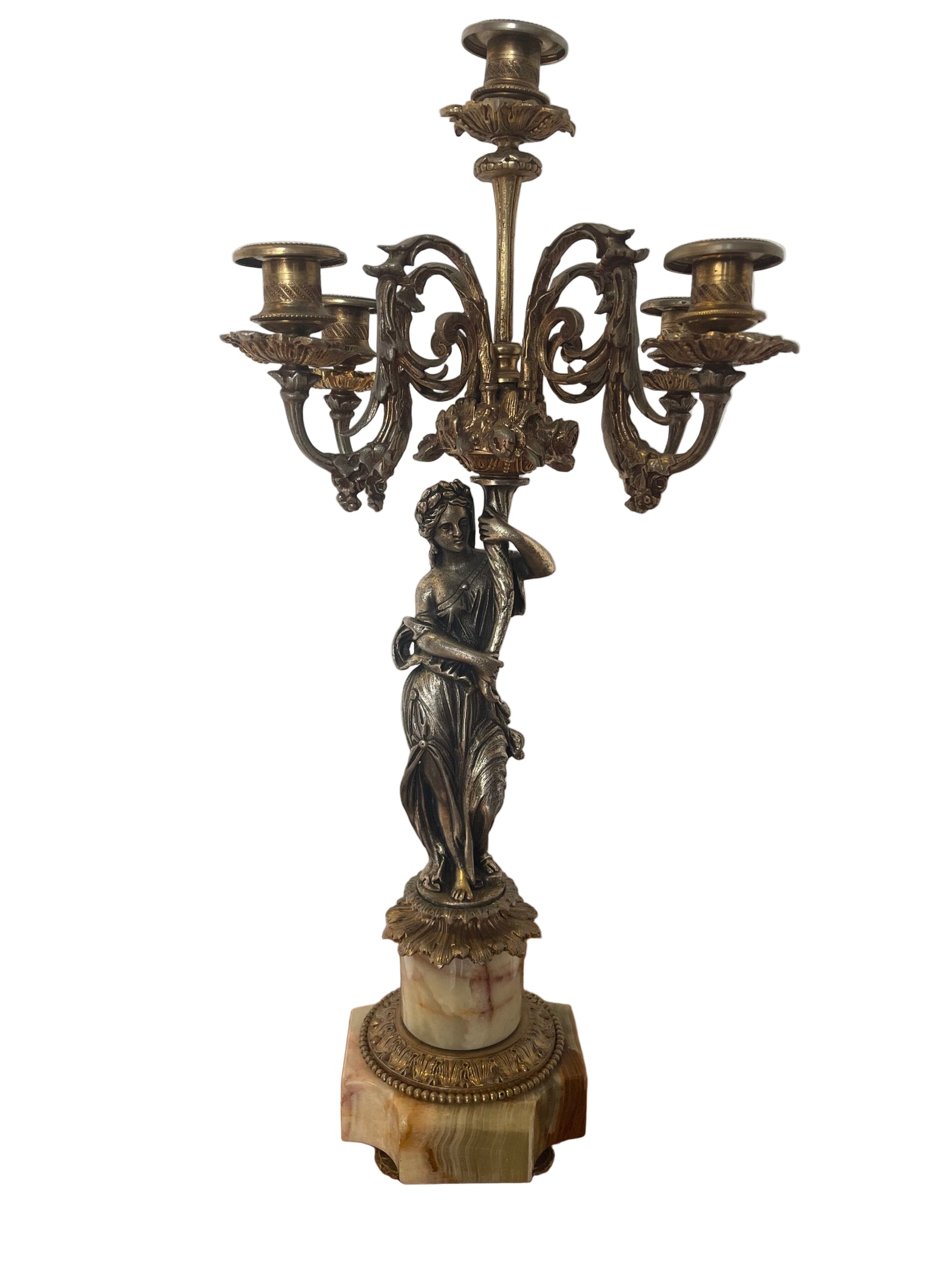 Candeliere francese in bronzo e marmo con figura femminile