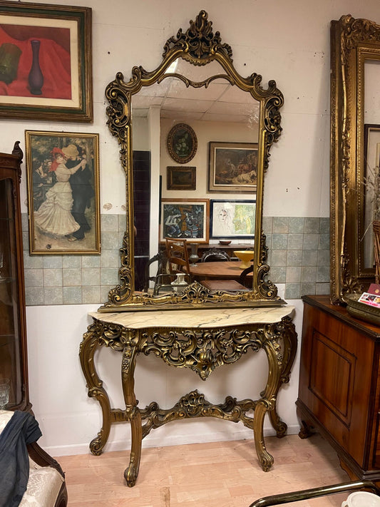 Consolle con specchiera in stile barocco dorato – con piano in marmo