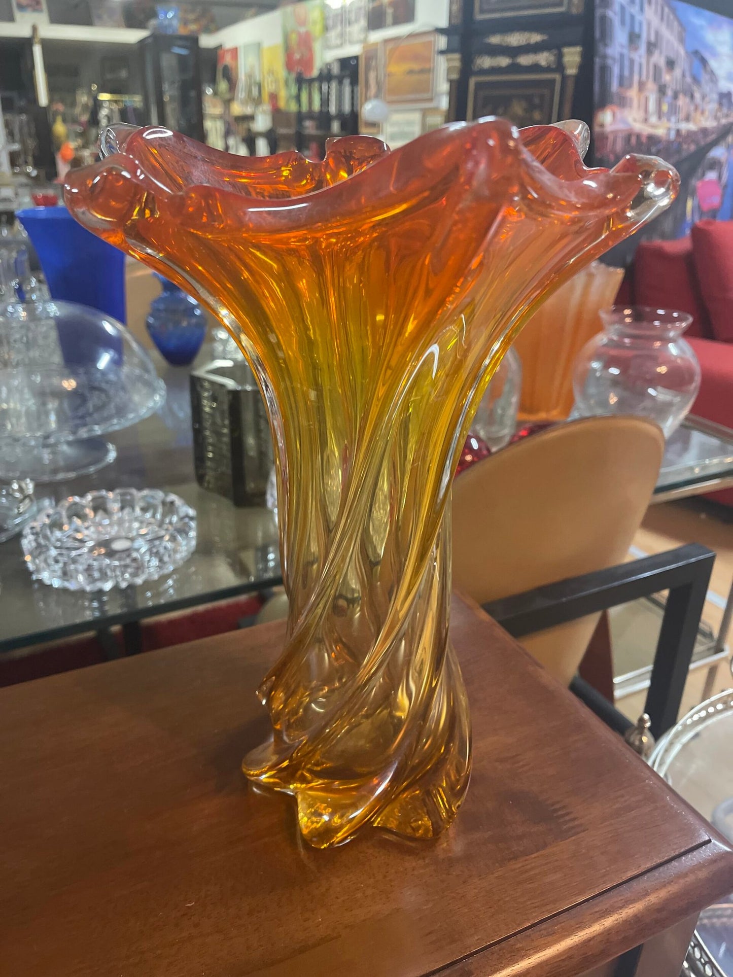 Vaso Artistico "Torsione" in Vetro di Murano Arancione-Ambra