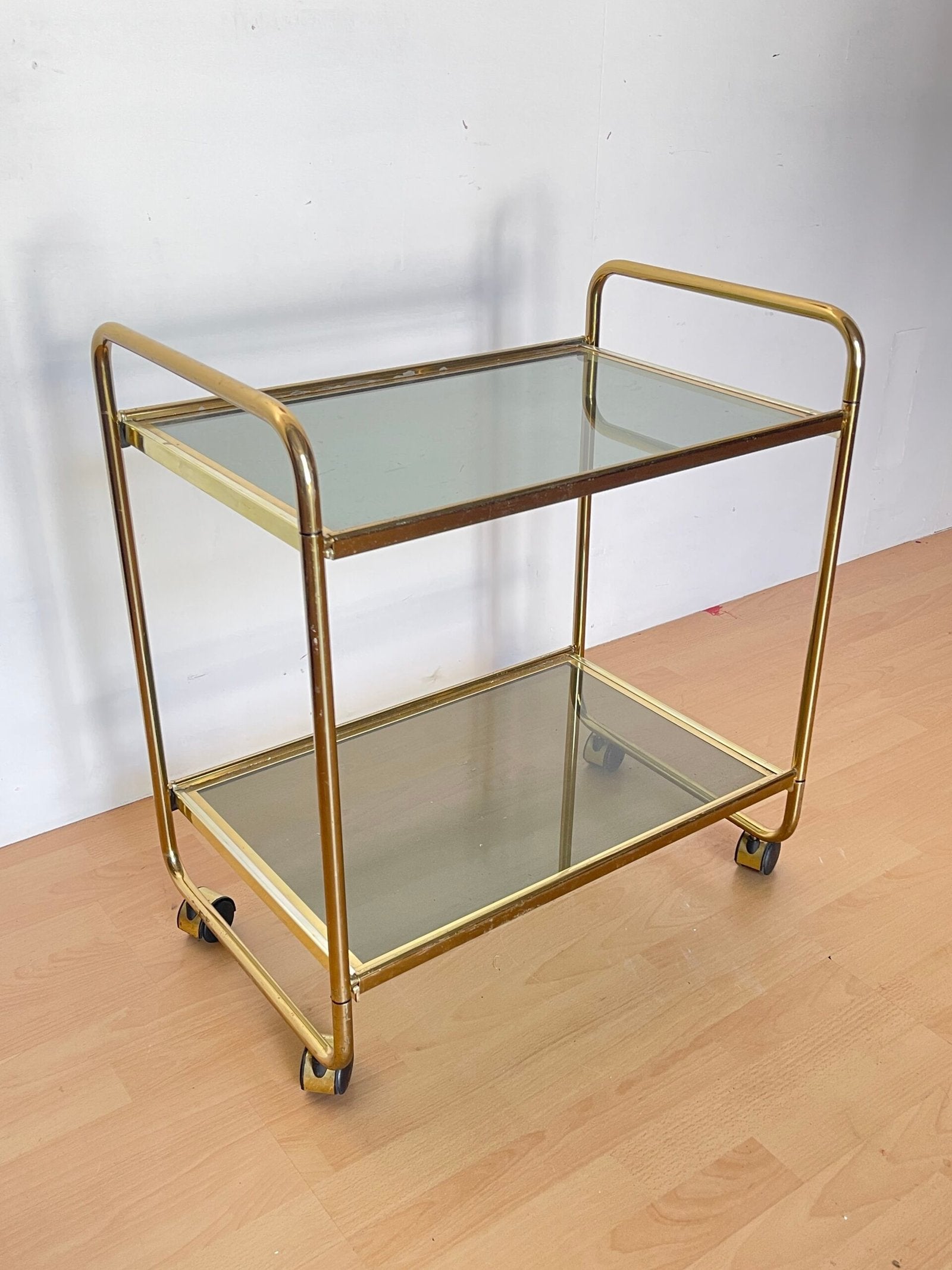 Carrello Bar vintage in Ottone e Vetro Fumé - Anni '70