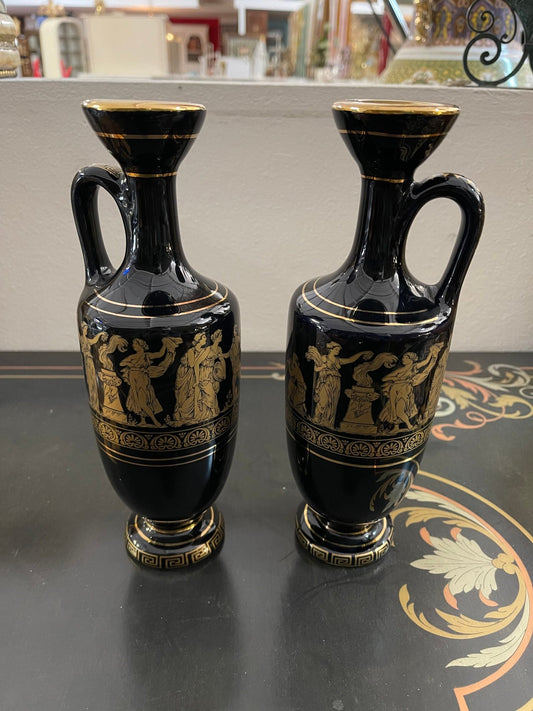 Coppia di anfore decorative stile greco in ceramica nera con decori dorati