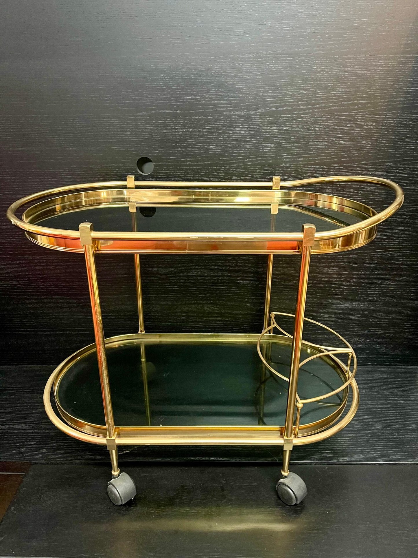 Carrello da bar/tè in ottone e vetro fumé - Stile Hollywood Regency