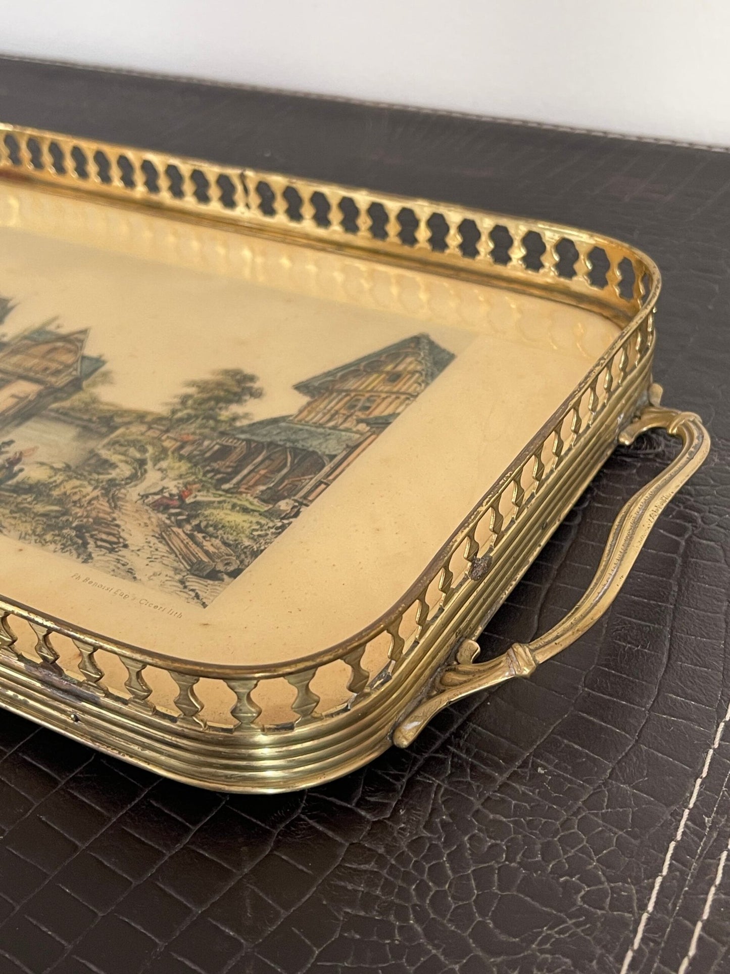 Vassoio Vintage con Stampa Antica del Château de Saint-Germain-de-Livet