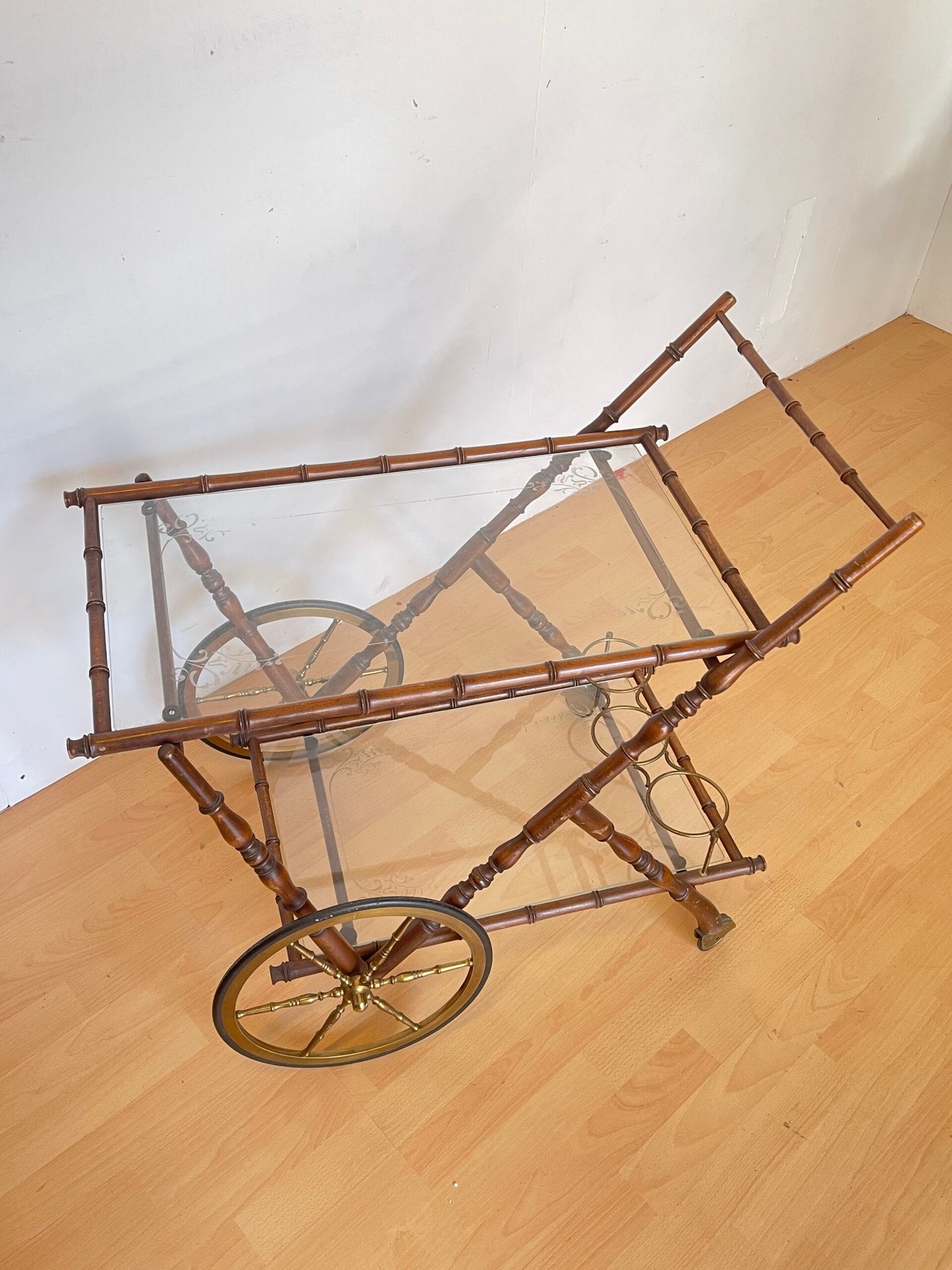 Carrello Bar vintage in stile bambù - Anni '50, Vetro e Ottone