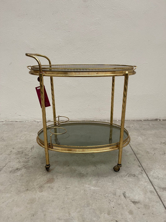 Carrello Portavivande vintage in Ottone e Vetro Fumé
