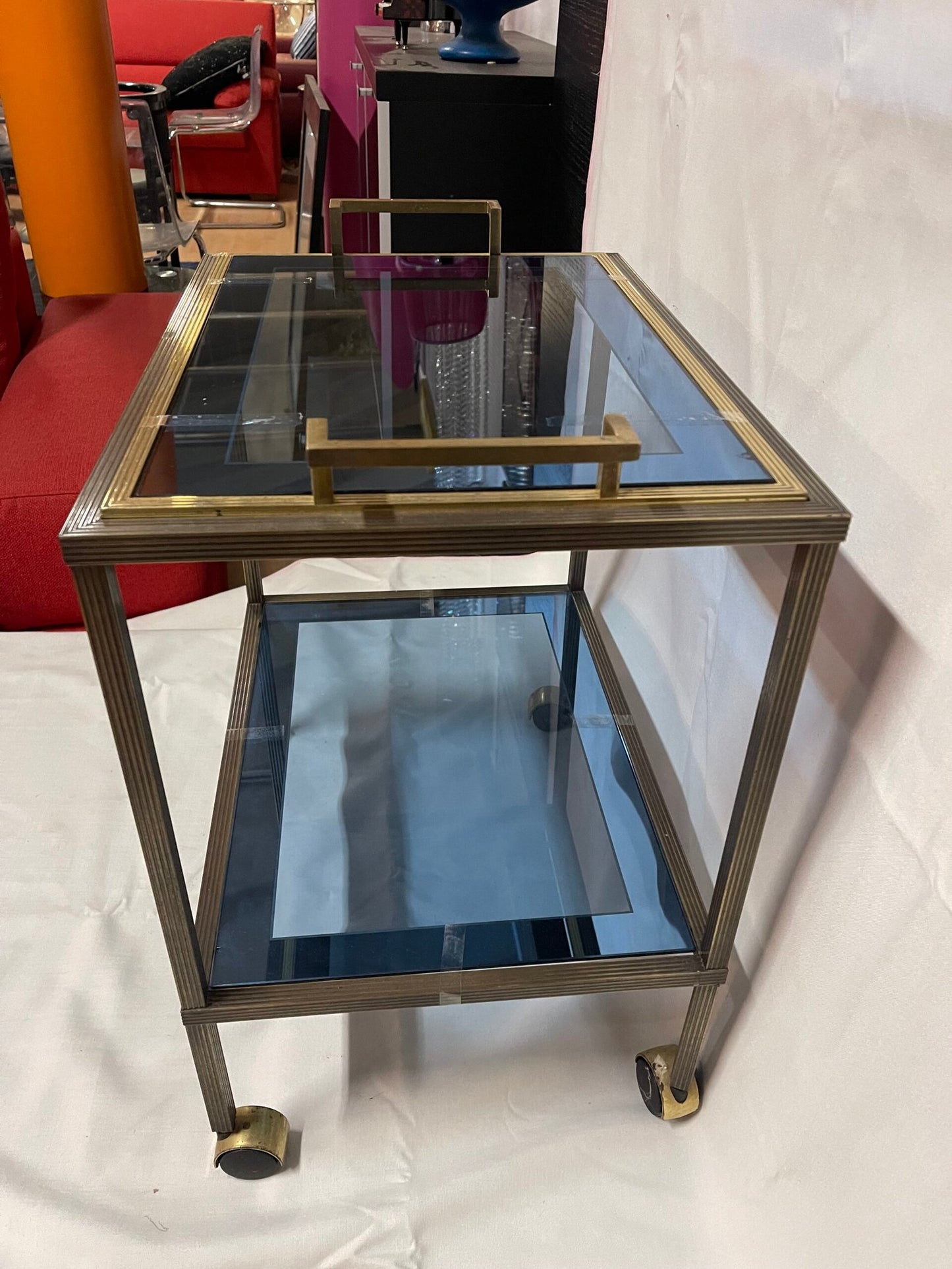 Carrello bar metallo vintage in vetro blu anni '90