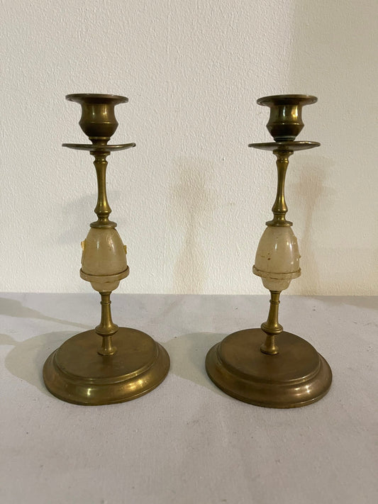 Coppia di Candelabri Antichi in Ottone e Alabastro - Stile Classico