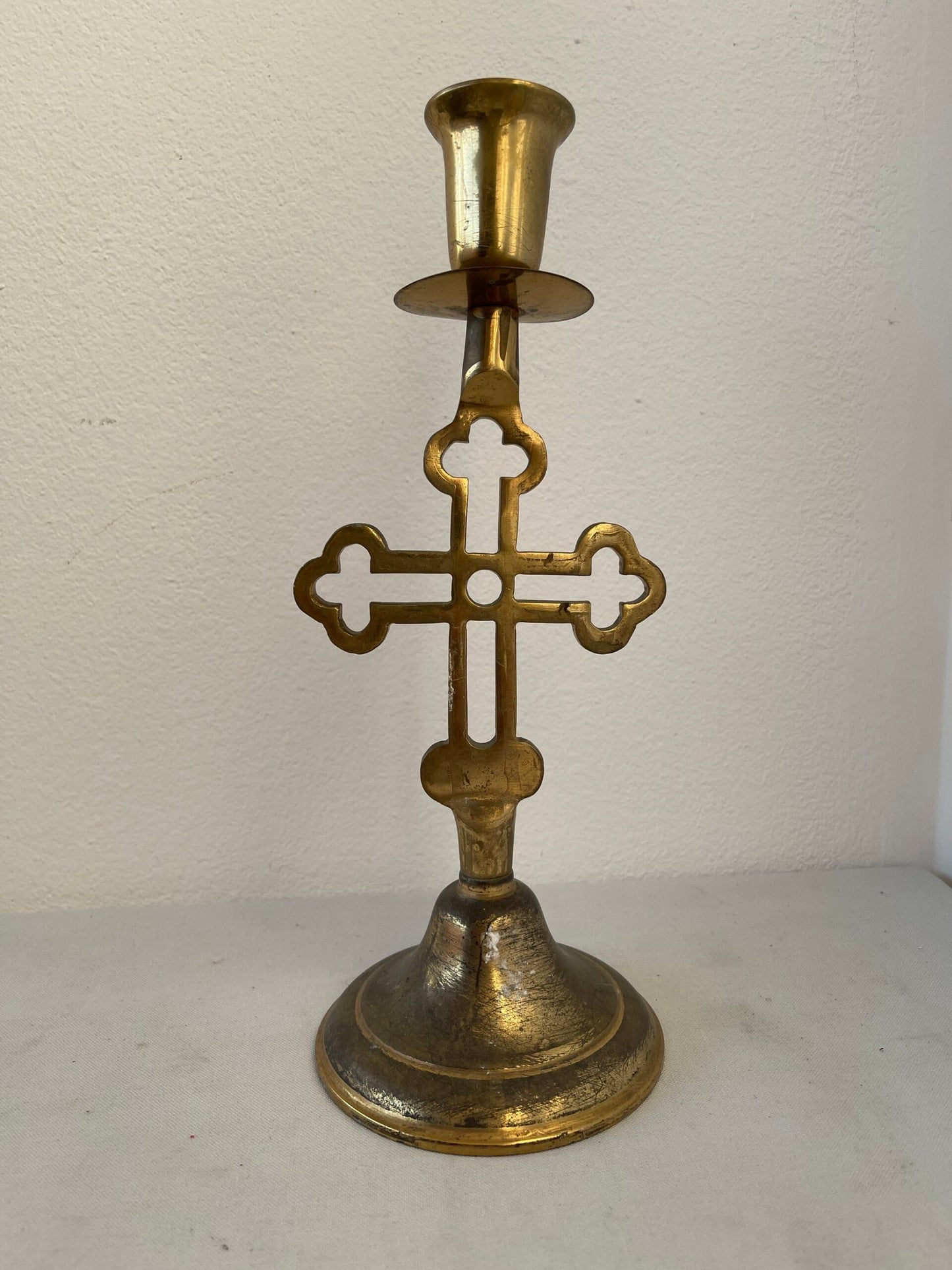 Candeliere in Ottone con Croce - stile Ecclesiastico vintage