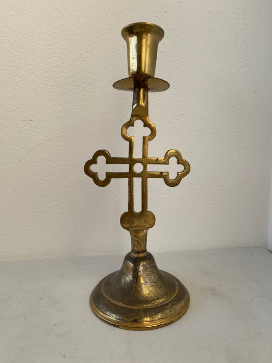 Candeliere in Ottone con Croce - stile Ecclesiastico vintage