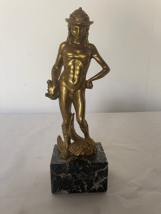 Statua "Mercurio/Ermes" in Bronzo Dorato su Base in Marmo Nero