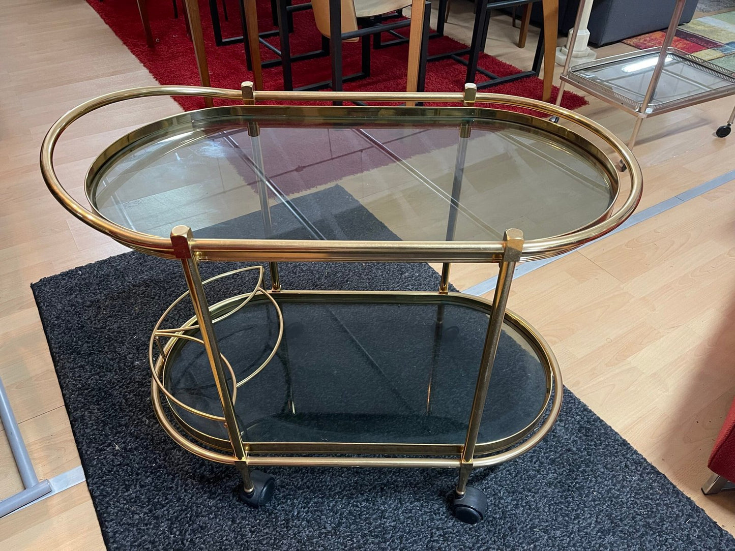 Carrello da bar/tè in ottone e vetro fumé - Stile Hollywood Regency