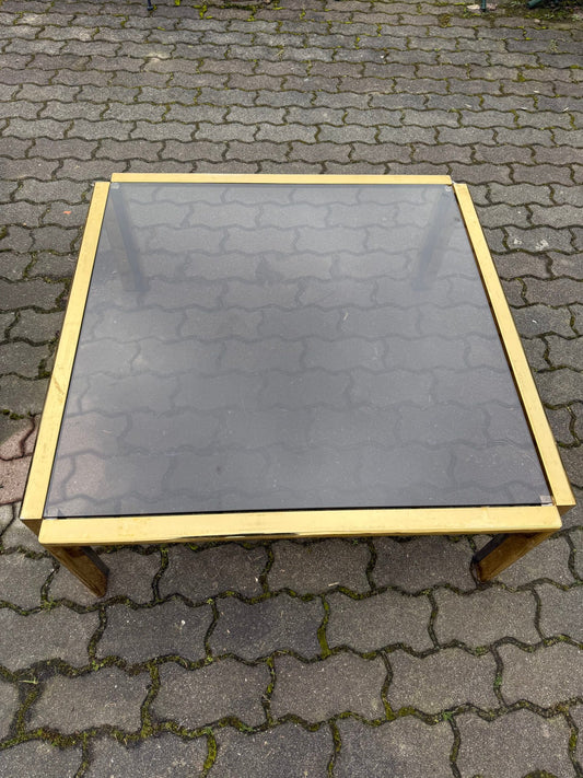 Tavolino da Salotto Quadrato in Ottone e Vetro Fumé