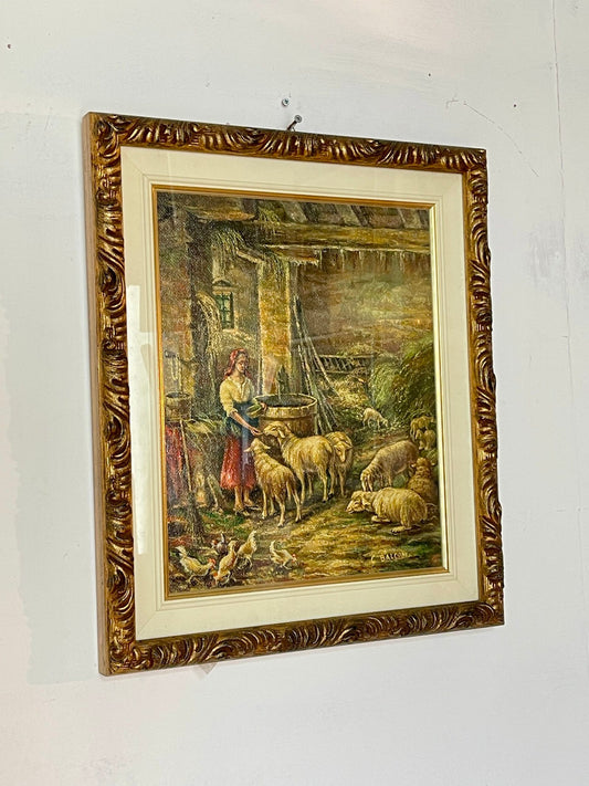 Dipinto rurale vintage firmato, realizzato ad olio su tela e incorniciato con una splendida cornice dorata lavorata a rilievo.