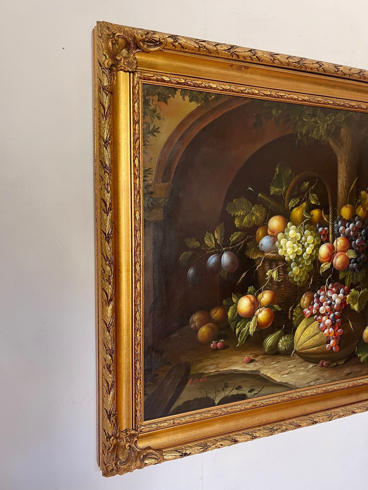 "Natura Morta con Frutta e Bottiglia" – Dipinto firmato A. Marinelli