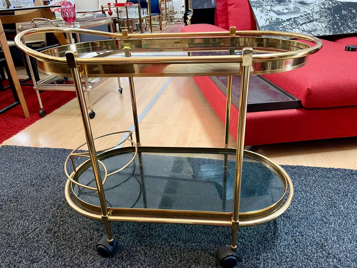 Carrello da bar/tè in ottone e vetro fumé - Stile Hollywood Regency