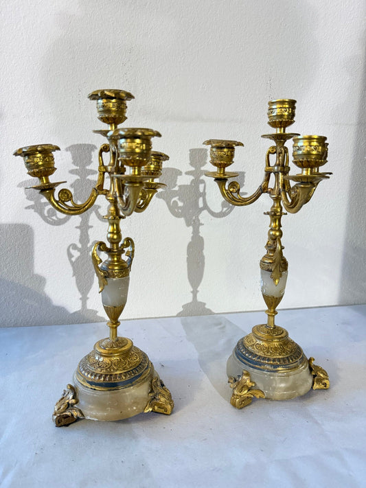Coppia di Candelabri Impero in Bronzo Dorato e Onice