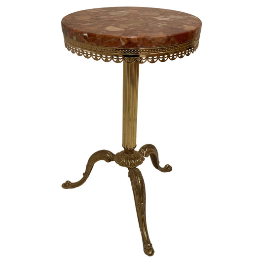 Tavolino da caffè rotondo vintage francese in marmo e ottone